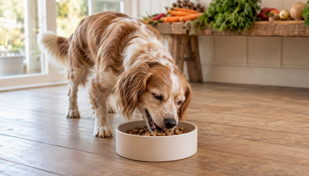 Happy dog eating nutritious high-energy freeze-dried food