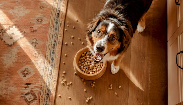 Happy dog eating freeze dried food from bowl