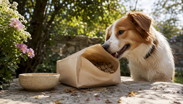 Dog near compostable dog food bag in kitchen