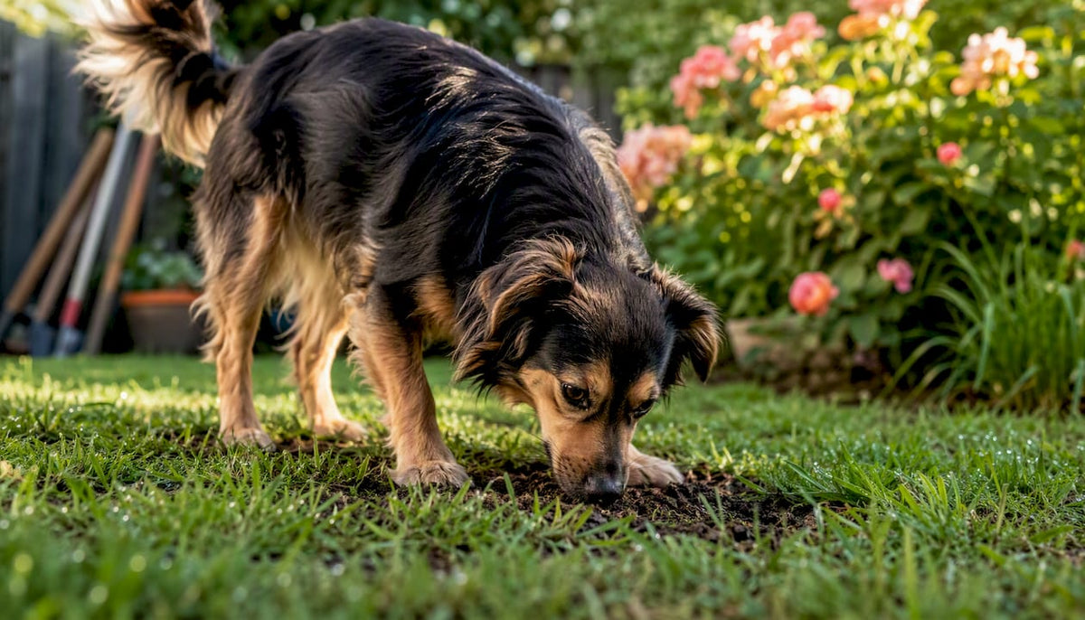 Smiling healthy dog in sunlit garden