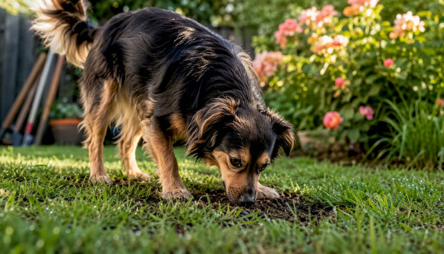 Smiling healthy dog in sunlit garden