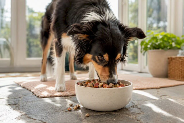 Happy dog eating freeze-dried food from bowl