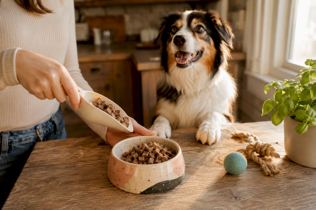 Happy dog awaiting scooped freeze dried raw food