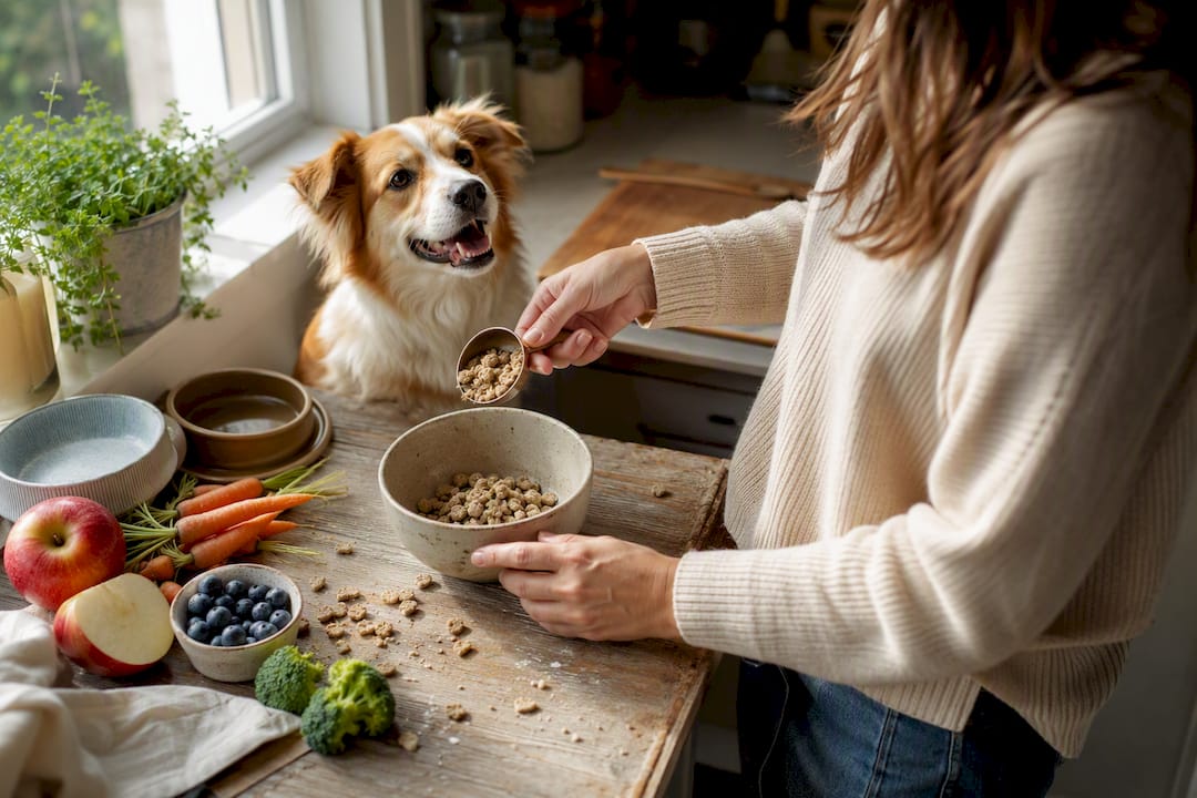 Owner scooping freeze-dried dog food for smiling dog