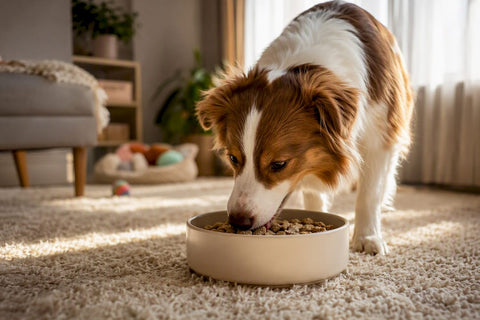 Healthy dog eating natural food from bowl