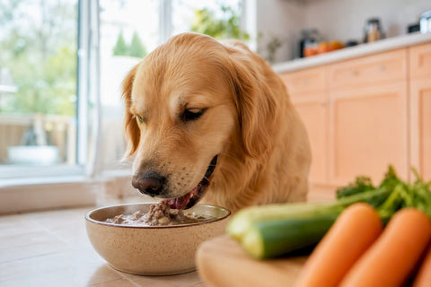 Happy dog eating healthy IBS diet food