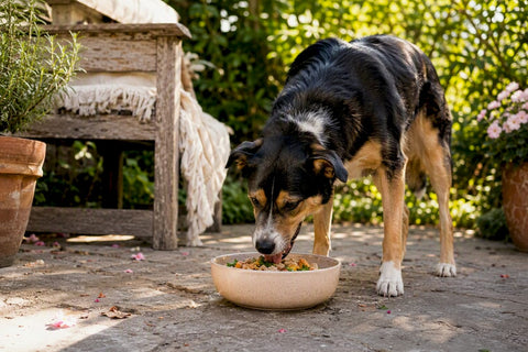 Happy dog eating natural food indoors