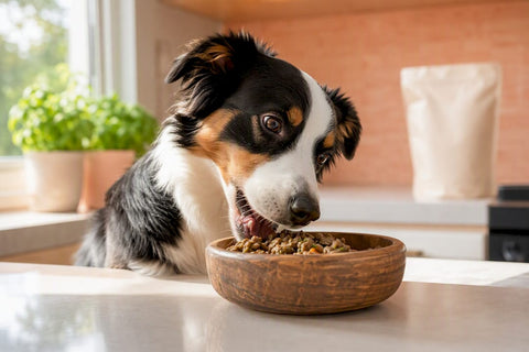 Happy dog eating natural food in kitchen