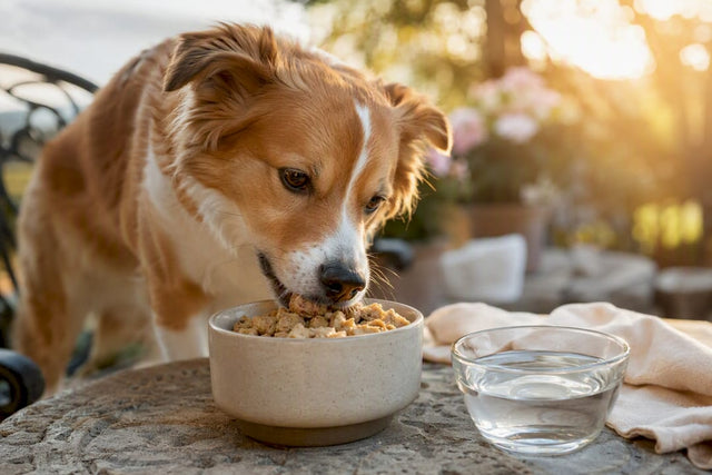 Healthy dog eating freeze-dried dog food outdoors
