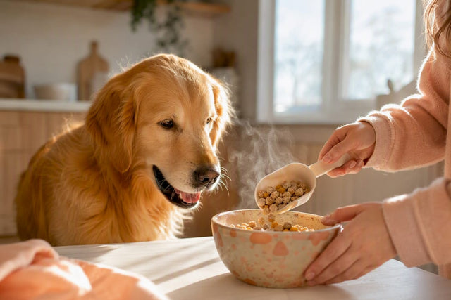 Happy golden retriever near dog food bowl