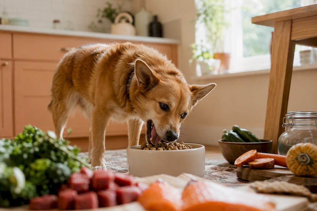 Happy dog eating nutritious freeze-dried food