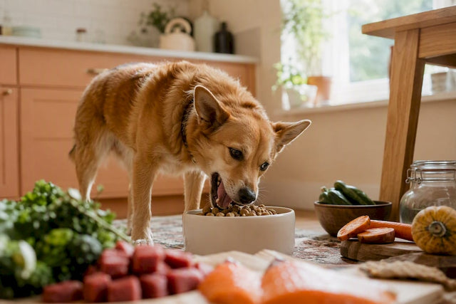 Happy dog eating nutritious freeze-dried food
