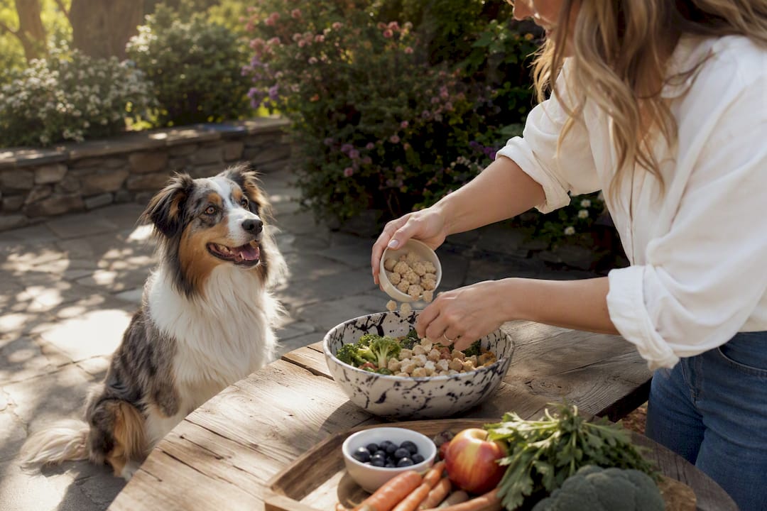 Dog owner scooping raw dog food to happy dog