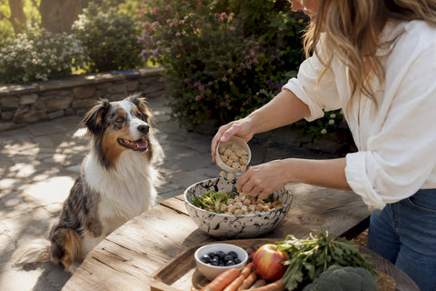 Dog owner scooping raw dog food to happy dog