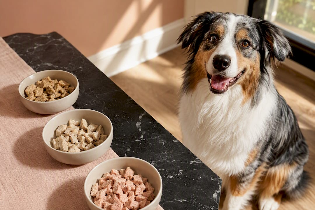 Happy dog beside rotating protein bowls
