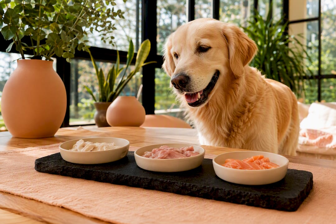 Happy dog considering different protein portions