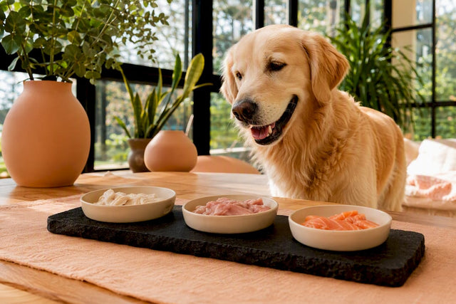 Happy dog considering different protein portions