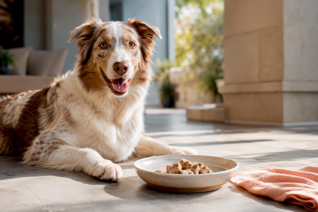 Happy dog inspecting freeze-dried food