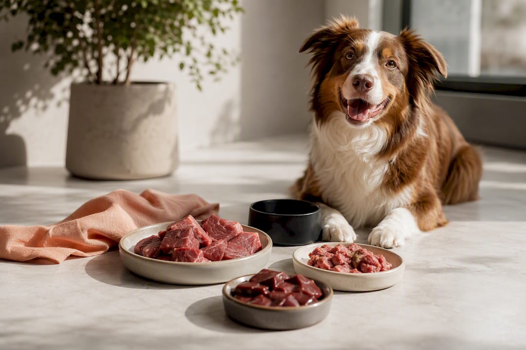 Happy healthy dog beside balanced raw meal