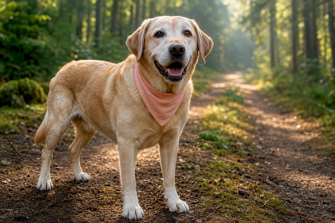 Healthy senior Labrador standing on woodland path