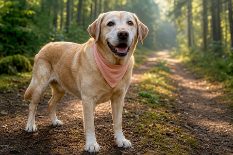 Healthy senior Labrador standing on woodland path