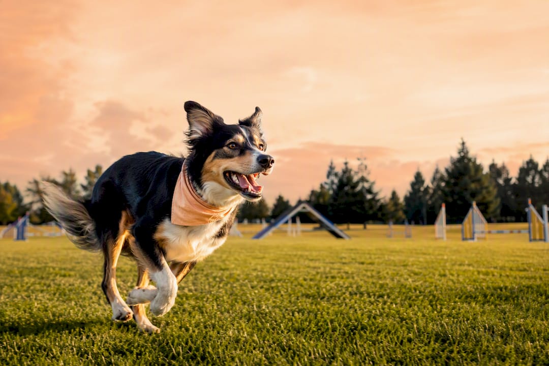 Happy athletic dog sprinting during training