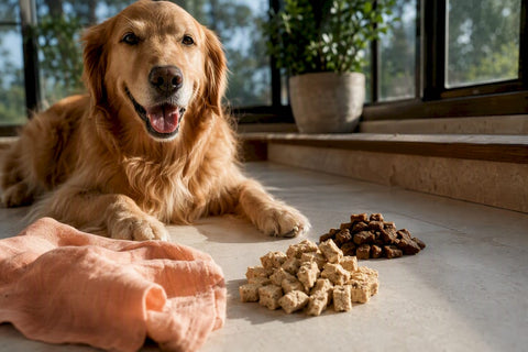 Happy dog beside contrasting food textures