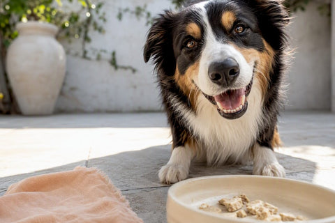 Happy dog beside freeze-dried food bowl