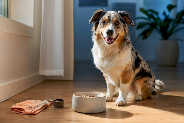Happy dog beside controlled trial meal