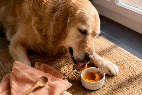 Happy dog with pumpkin prebiotic serving