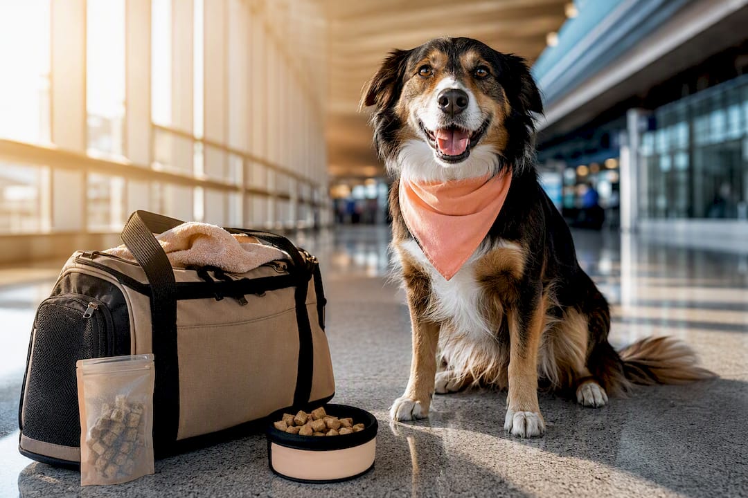 Happy dog with travel food at airport