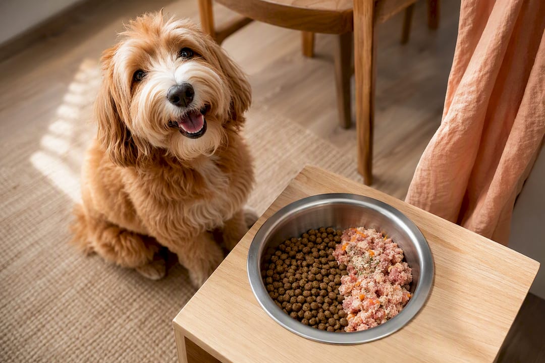Happy dog beside mixed kibble and raw meal