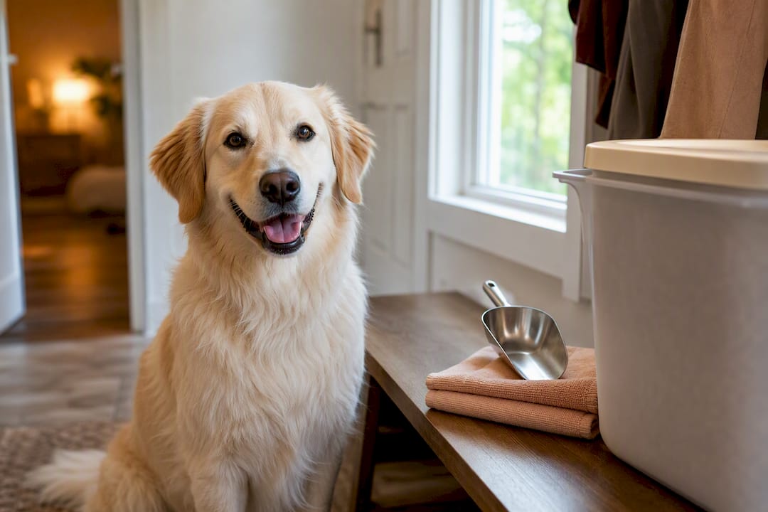 Happy healthy dog beside food storage supplies