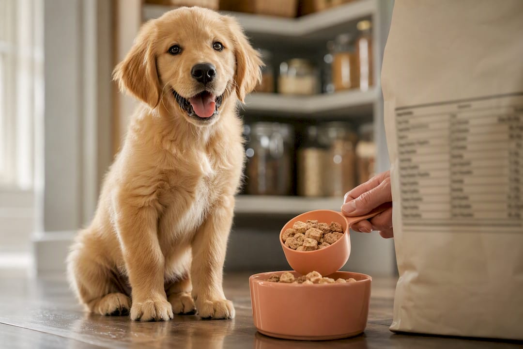 Happy puppy beside measured growth meal