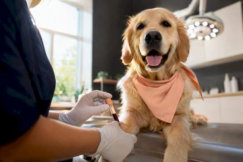 Healthy dog beside veterinary taurine blood test