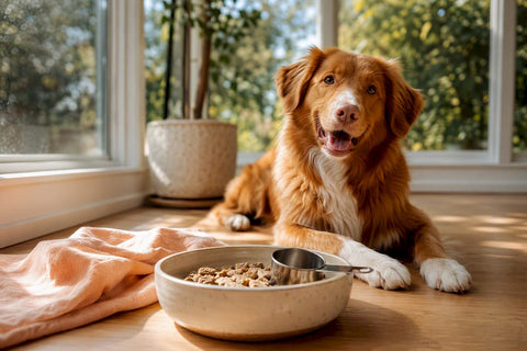Happy healthy dog beside measured food bowl