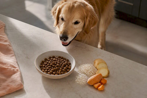 Happy dog beside kibble and carbohydrate ingredients