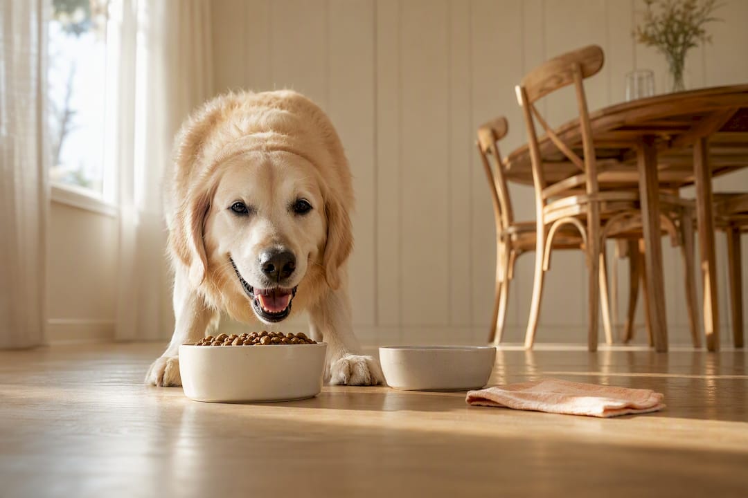 Happy dog eating a carefully portioned meal