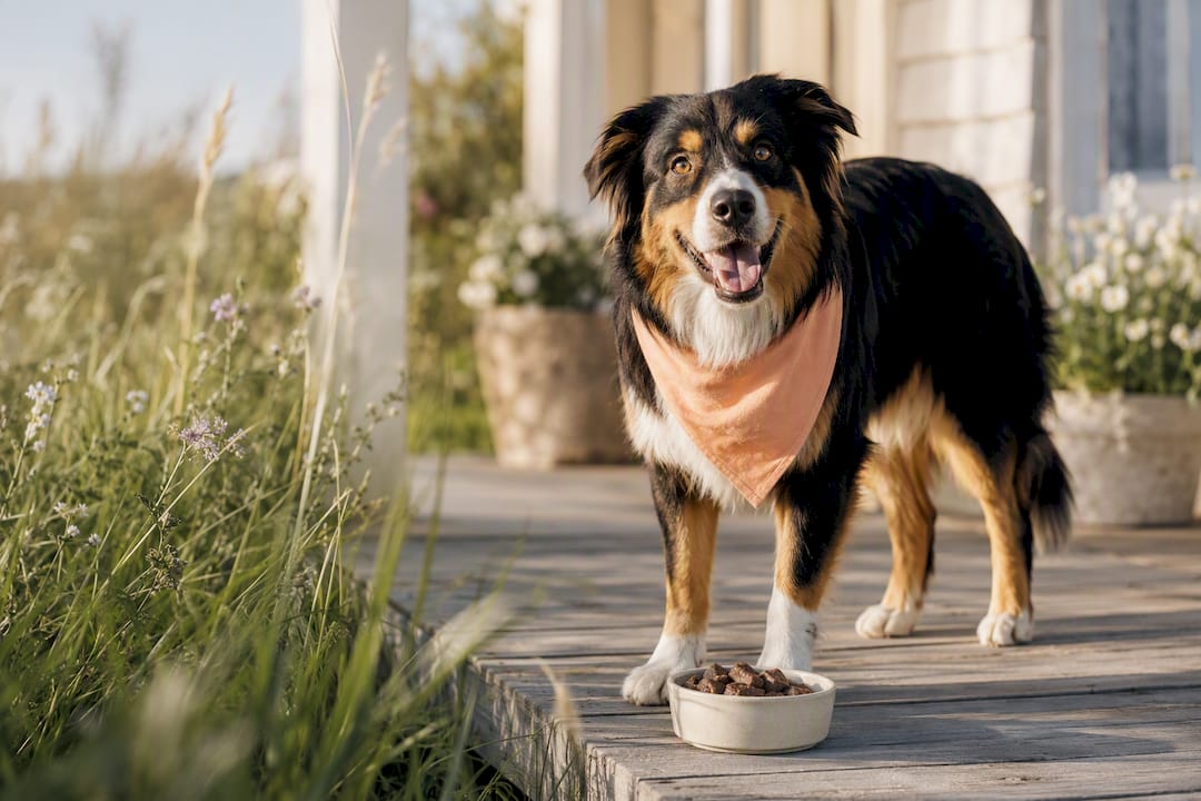 Healthy smiling dog beside grass fed meal