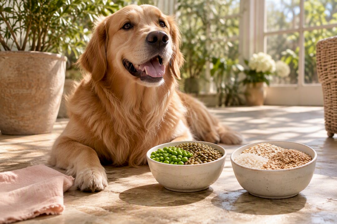 Happy dog beside legume and grain ingredients