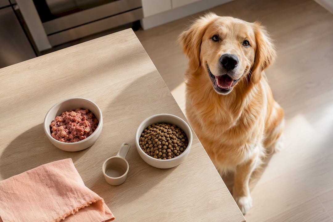 Happy dog beside measured food portions