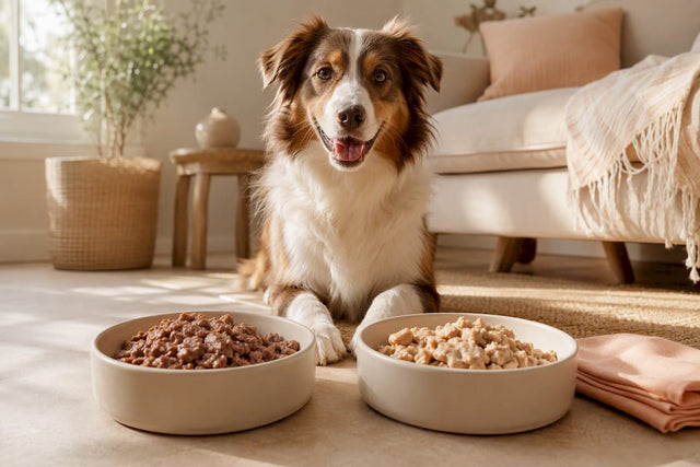 Happy dog beside turkey and chicken food bowls