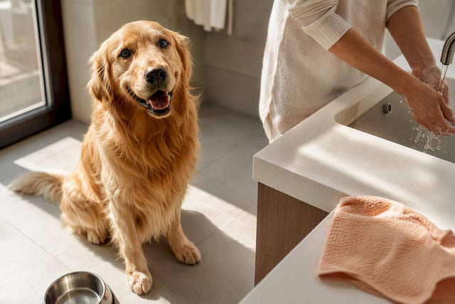 Happy dog beside safely handled food bowl