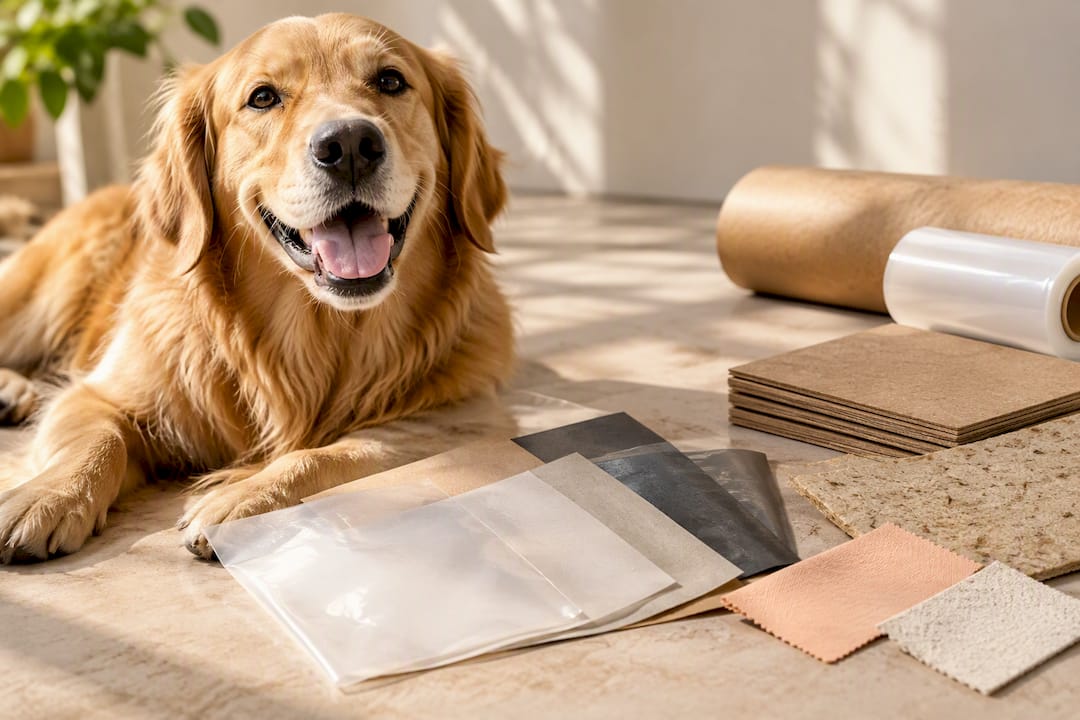 Happy dog beside sustainable packaging materials