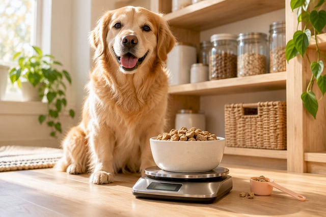 Healthy dog beside measured food portion