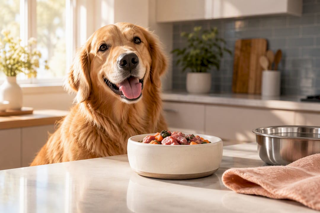 Healthy dog beside raw food bowl