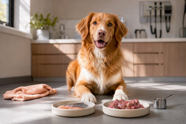 Happy dog comparing fish and beef foods