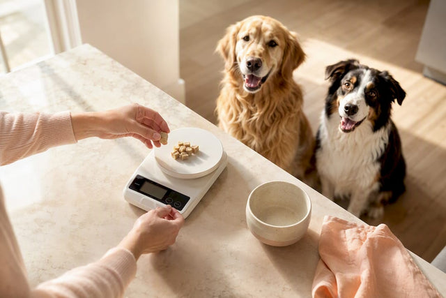 Happy dogs beside measured food servings