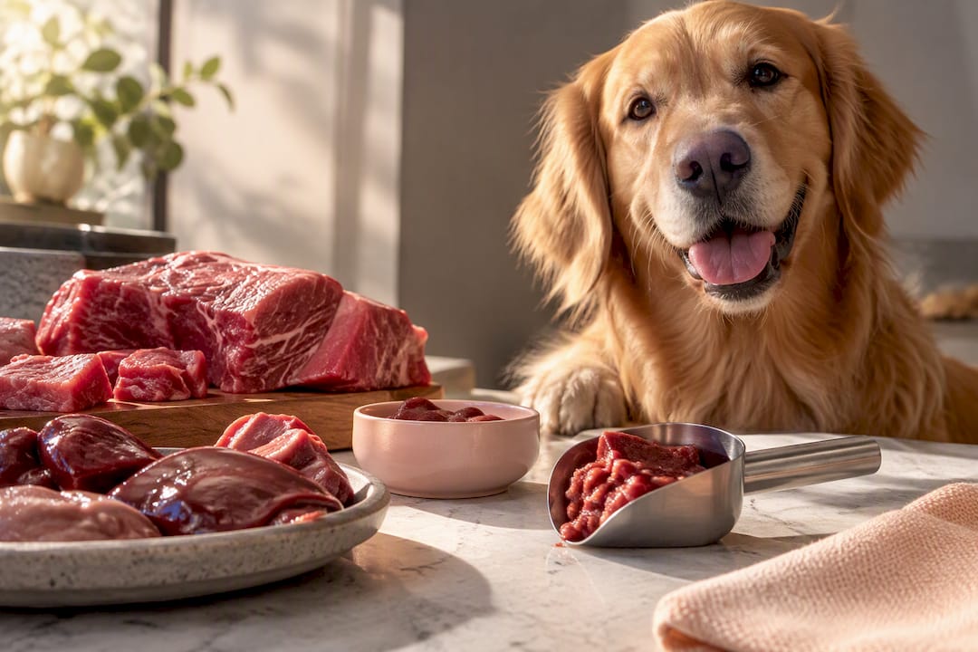 Happy dog beside inspected meat samples