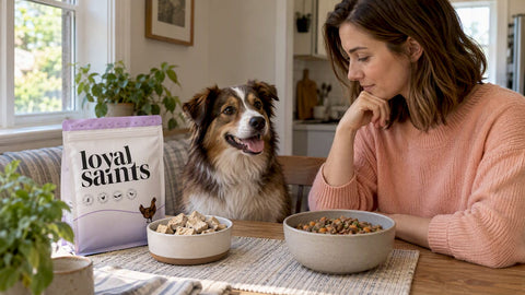 Dog owner comparing cooked and freeze-dried food